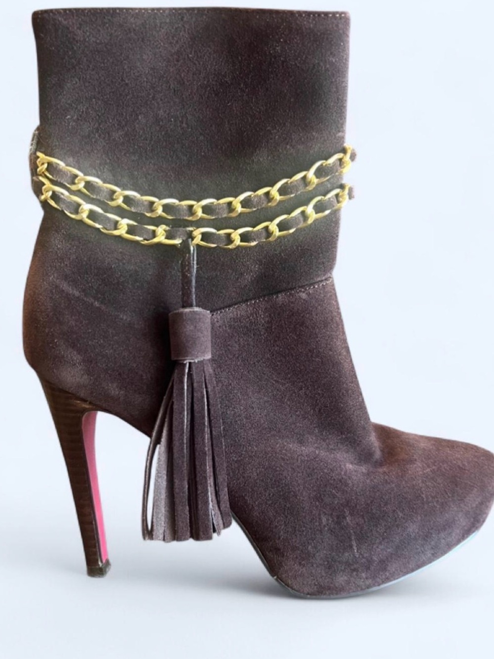 Paris Hilton Brown Suede Heeled Ankle Boots with Gold Chain